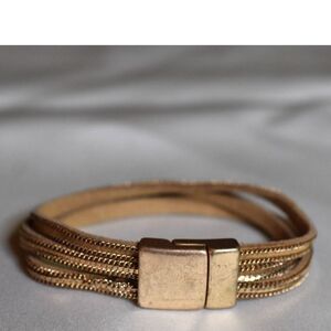Grunge Rocker Metal Accent Brown Leather Layered Magnet Clasp 7" Casual Bracelet